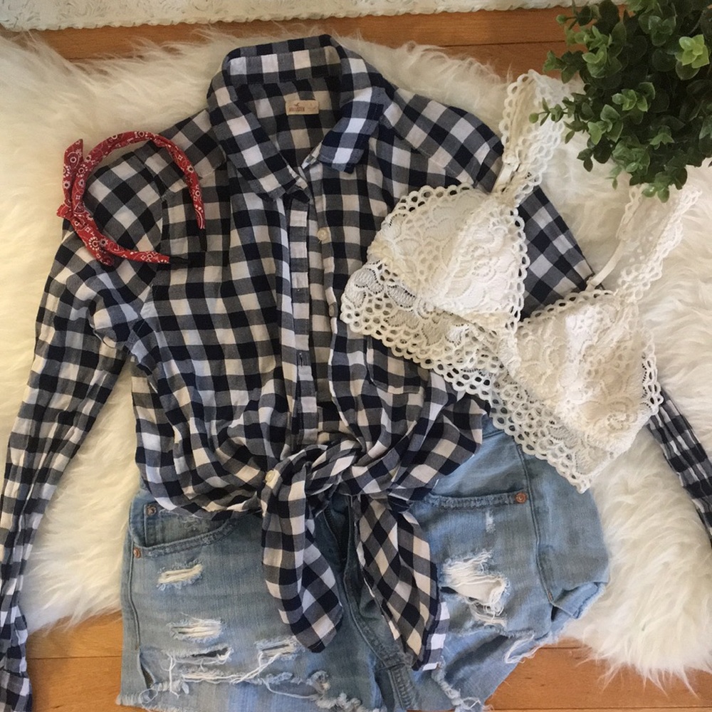 Navy & White Plaid Button Down